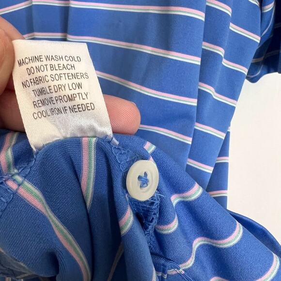 F & G Tech Size Large Mens Blue Pink White Striped Golf Polo Shirt Performance - Picture 7 of 9